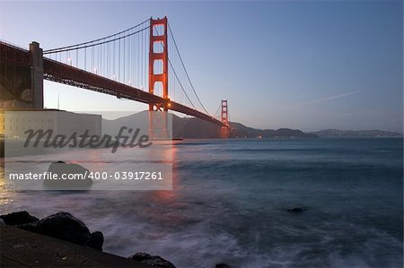 Golden Gate at dusk with reflection