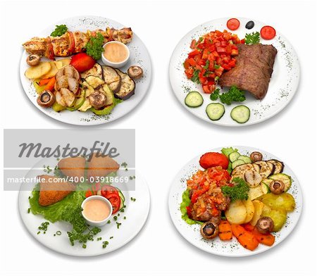 4 dishes of delicious food. Grilled meat and vegetables. Isolated on white. This image was composed using 4 different shots.