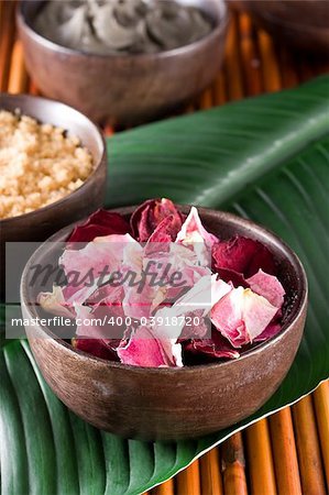 Spa: dry rose petals, body scrub, clay mud