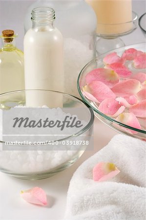 Spa: fresh aromatic rose petals, bath salt, body lotion, body oil