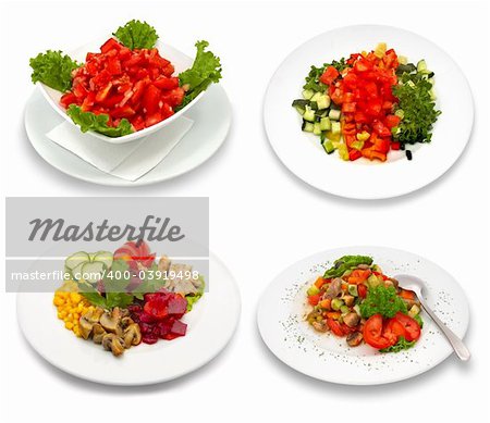 4 salad dishes. Isolated on white. This image was composed using four different shots.