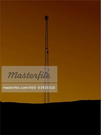 An illustration of a phone mast in silhouette against a setting sun