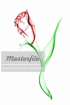Red flower with green leaves. Image is a careful combination of three separate photographs of smoke. Isolated on a white background.