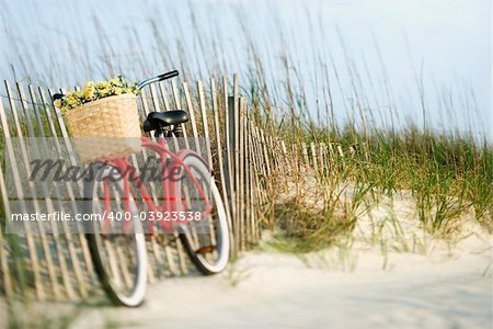 Red vintage bicycle with basket and flowers lleaning against wooden fence at beach.