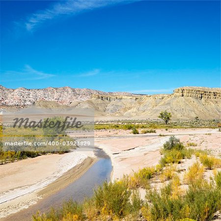 Small stream running through desert land with rocky cliffs in background in Cottonwood Canyon, Utah.