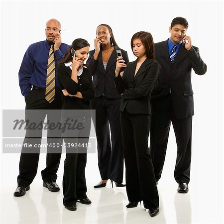 Multi-ethnic business group of men and women standing talking on cell phones.