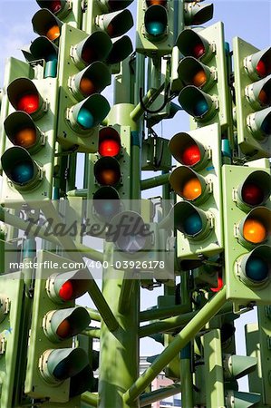 Multiple traffic lights on green amber and red