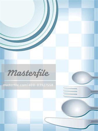 Blue place setting with plate, fork, spoon and knife, vector