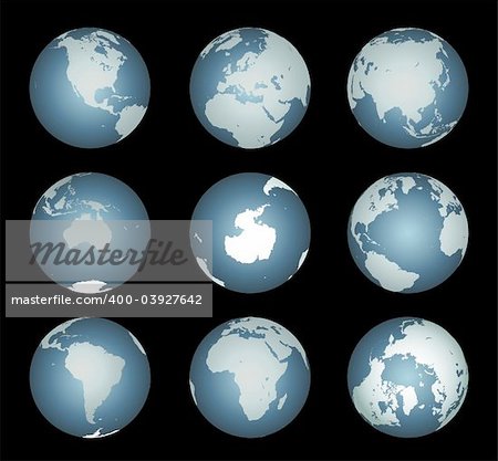 World Continents(Vector). Accurate map onto a globe. Includes Antarctica, Arctic, Atlantic. Details include small island chains, lakes and seas.