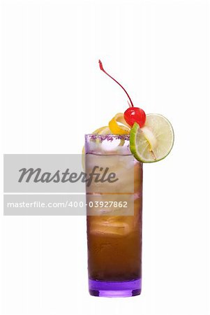 Colorful alcoholic cocktail in a tall glass against white background