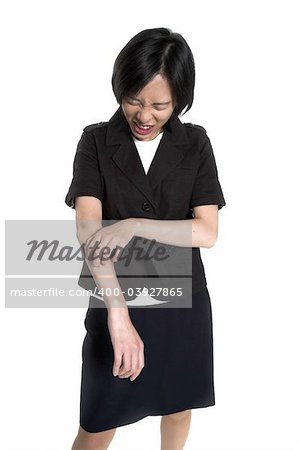 young woman scratching her arm over white background