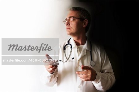 pensive doctor in glasses with stethoscope looking from the darkness to the light