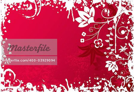 Valentines grunge background with flowers and hearts, vector illustration