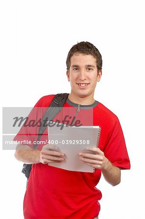 Teen student with a black backpack, holding the notebook, on white background