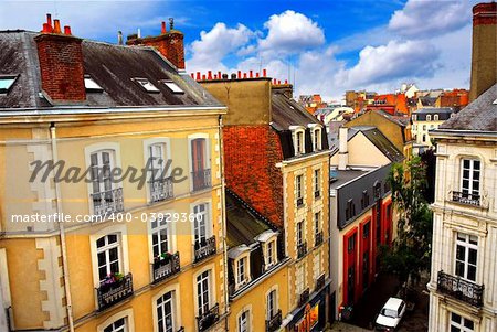 Street with colorful houses in Rennes, France, top view