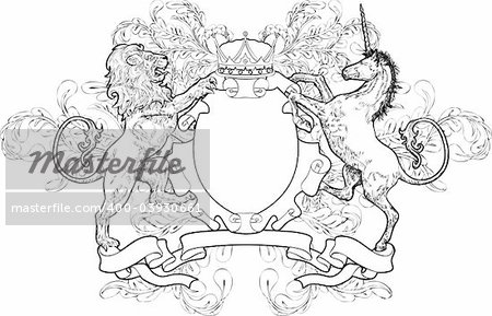 A black and white shield coat of arms element featuring a lion, unicorn and crown