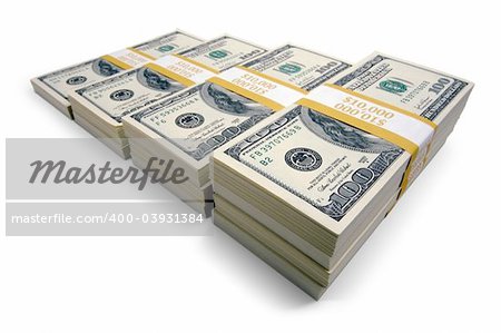 Stacks of Hundred Dollar Bills on a white background.