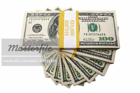 Stacks of Hundred Dollar Bills on a white background.