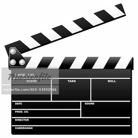 Opened movie clapboard used by movie directors over white background