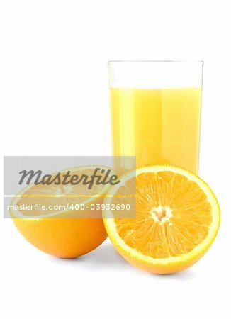 glass of fresh orange juice set against white with two halves of orange