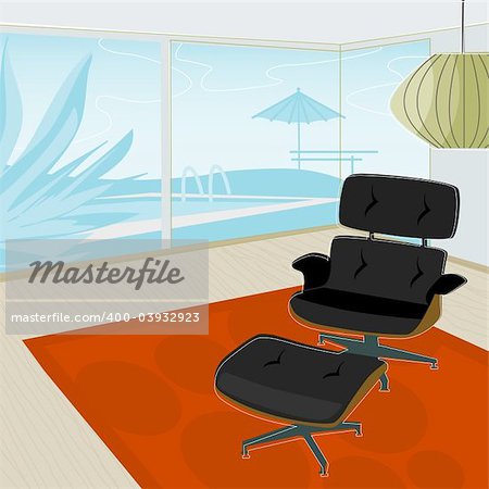 Retro-stylized modern lounge chair with view of swimming pool. Each item is grouped so you can use them independently from the background. Layered file for easy edit.