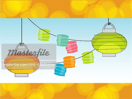 Retro Summer Paper lanterns and Party Lights with a cool background.     Also available as a vector with objects grouped so you can use them independently from background. Layered file for easy edit.