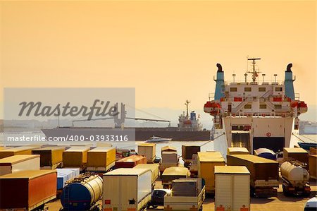 industry and commerce: trucks parked in a harbor