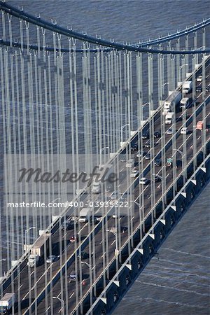 Aerial view of New York City's Verrazano-Narrow's bridge with traffic.