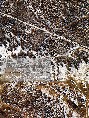 Aerial view of snow covered rural Colorado scenic.