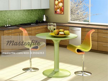 Modern kitchen with apples on the table. The picture on the wall is my own photograph.