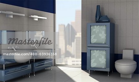 3D rendering of a modern bathroom with in blue colors.