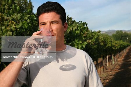 Young man tasting wine at vineyard