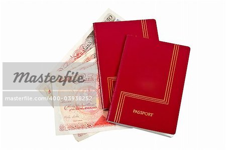 Two passports and money isolated on white background. With clipping path included
