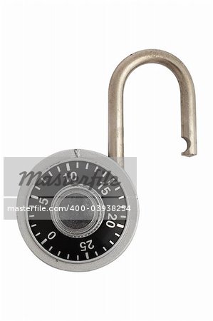 A unlocked combination padlock isolated on white background. Path included