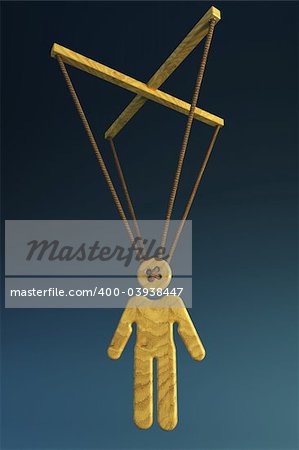 wooden doll suspended on laces