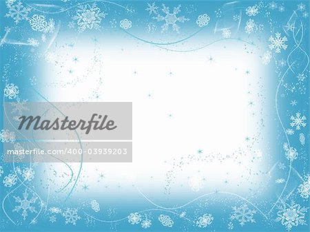 white snowflakes over light blue background with feather center