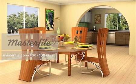 Modern dining room with a kitchen on background This is 3d rendering, so if you want some modifications to the scene, change color scheme or have lave large file, just ask.