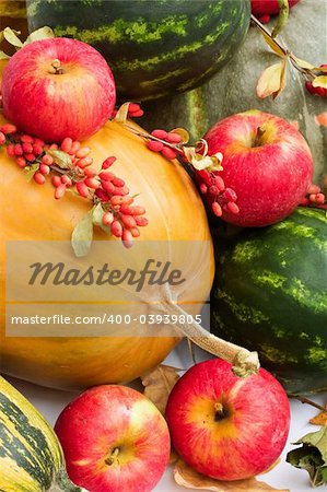 colorful pumpkins, apples, water melons