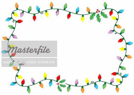 Frame made of Christmas lights and holly over white background