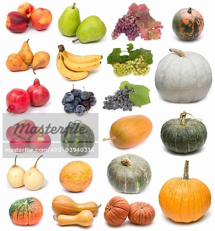 image set of fresh ripe fruits and pumpkins on white background. See larger versions of each image separately in my portfolio