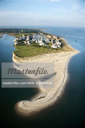 Aerial view of beach and residential community on Bald Head Island, North Carolina.