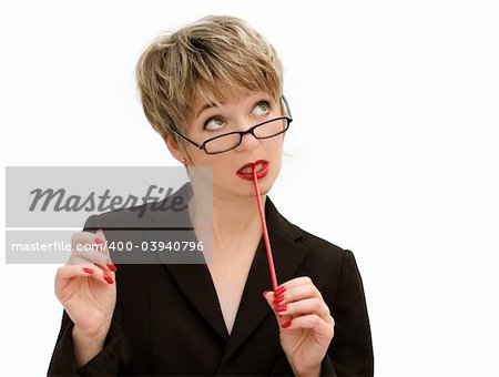 Businesswoman with eyeglasses looking up