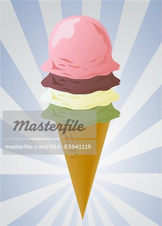 Ice cream cones illustration, various flavors: chocolate, pistachio, vanilla, strawberry