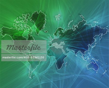 Data transfer over a map of the world green blue background