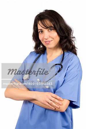 Friendly female doctor in blue scrubs with stethoscope