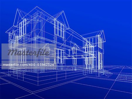 3D rendering wire-frame of house. Blue background.