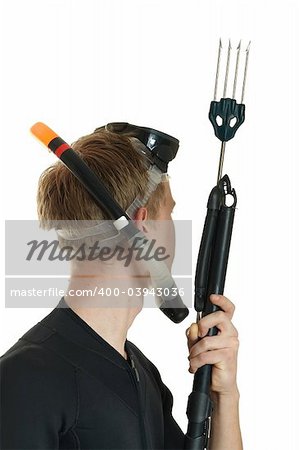 The man with a harpoon gun on a white background