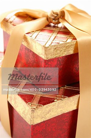 Red and gold gifts closeup with shallow dof.