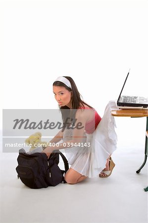 Skirt of female student caught under laptop