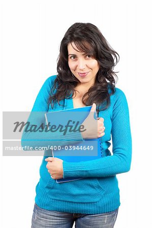 Young student woman with books on white background